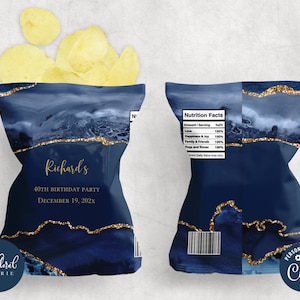 blue and gold chip bag template, editable potato chip bag wrapper, printable agate potato chips party favor label, custom chip bag