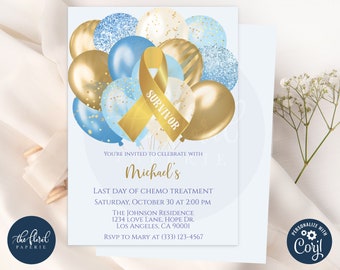 last day of chemo party invitation template, editable gold ribbon invitation, childhood cancer, cancer free invitation, cancer warrior