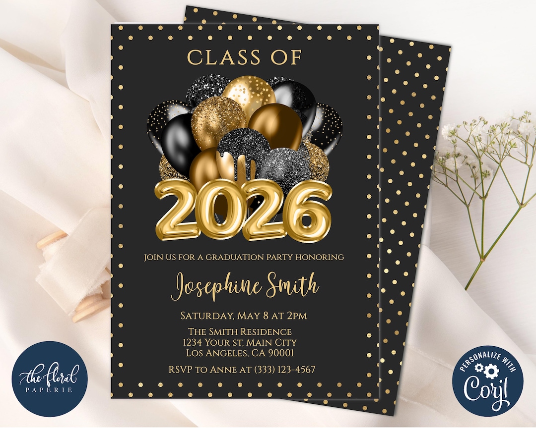 Black and Gold Graduation Party Invitation Template, Class of 2026 ...