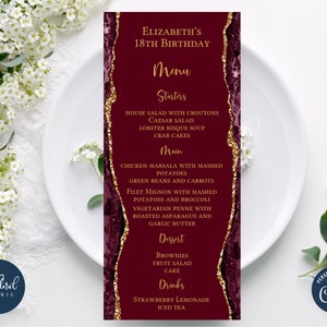 szablon karty menu bordowo-złotej, edytowalna karta menu na wydarzenie, drukowana karta menu na przyjęcie urodzinowe, karta menu na kolację, karta menu agatowa, tfp29