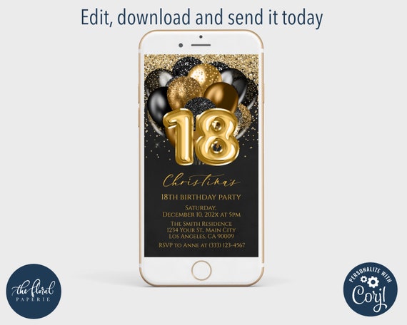 Carte Nero Oro 10 Biglietti Invito 18° Compleanno Formato A6 - Design Nero E Oro Con Dettagli Scintillanti, Personalizzabili Set Inviti Festa