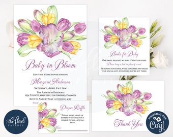 baby in bloom baby shower invitation template, editable tulips baby shower invites, girl baby shower, tulips invitation, floral invitations