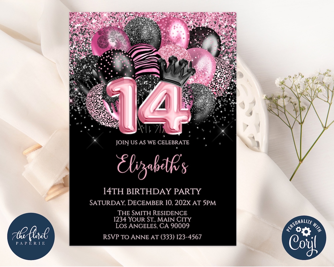 14th Birthday Invitation Template, Editable Black and Pink Birthday Invitation, Balloons Birthday Invites, Girl Birthday, Princess Birthday - Etsy 14th-birthday-invitation-template-editable-black-and-pink-birthday-invitation-balloons-birthday-invites-girl-birthday-princess-birthday-etsy