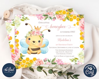 Editable Bee Birthday Invitation Template, First Bee Day Invite