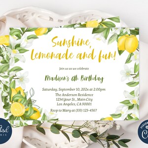 lemon birthday invitation template, editable lemon birthday invitation, printable lemon kids birthday party invites, citrus invitation