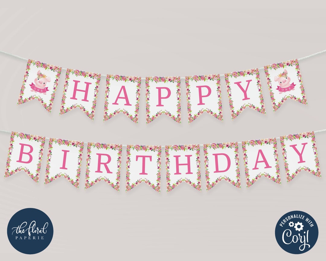 Pig Theme Birthday Banner - Pink Pig First Birthday Pennant, Cute Baby Room Decor, Reusable