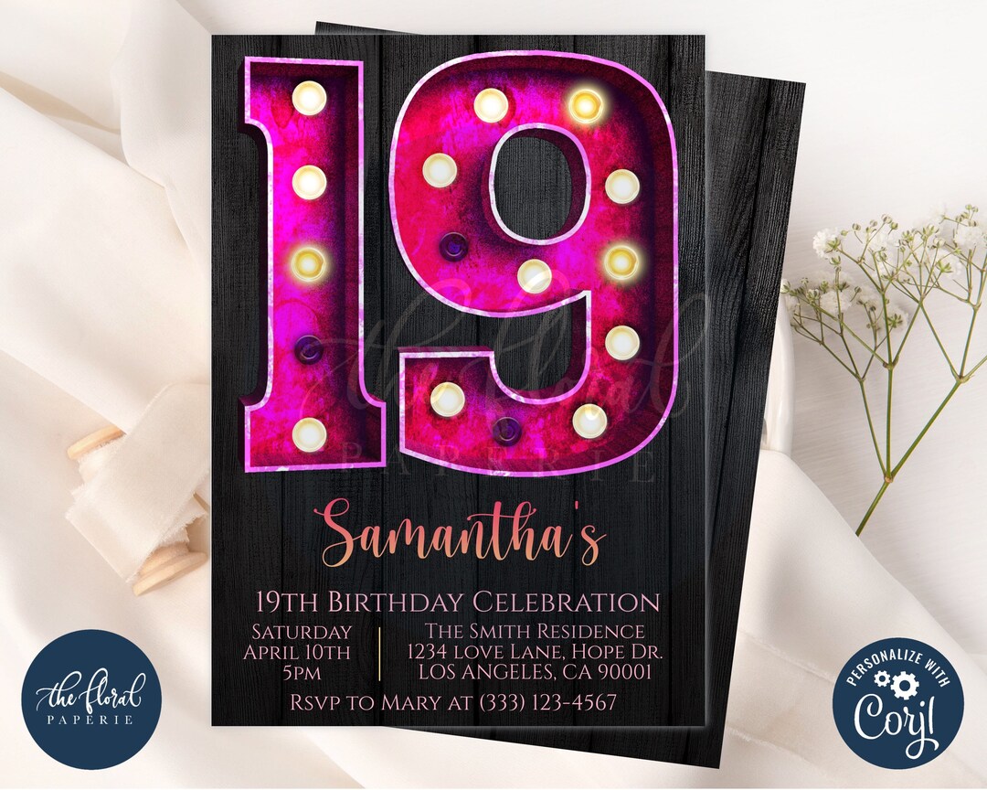 19th Birthday Invitation Template, Editable Pink and Black Birthday ...