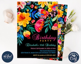 floral birthday invitation template, colorful flowers birthday invitation, girl birthday invites, colorful fiesta floral invitation