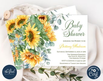 Modello di invito per baby shower a tema girasole, invito per festa floreale autunnale (download digitale)