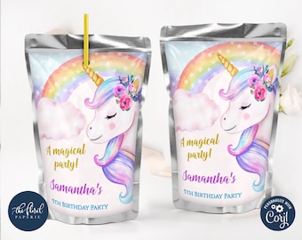 May include: A silver juice box with a rainbow and unicorn design. The text on the box reads "A magical party! Samantha's 5th Birthday Party".