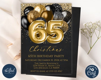 65th birthday invitation template, editable black and gold birthday invite, balloons birthday party invites, adult party invite, 65 birthday