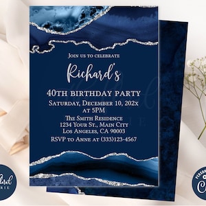 blue and silver birthday invitation template, editable any age birthday invitation, agate invitation, adult birthday, gender neutral tfp22