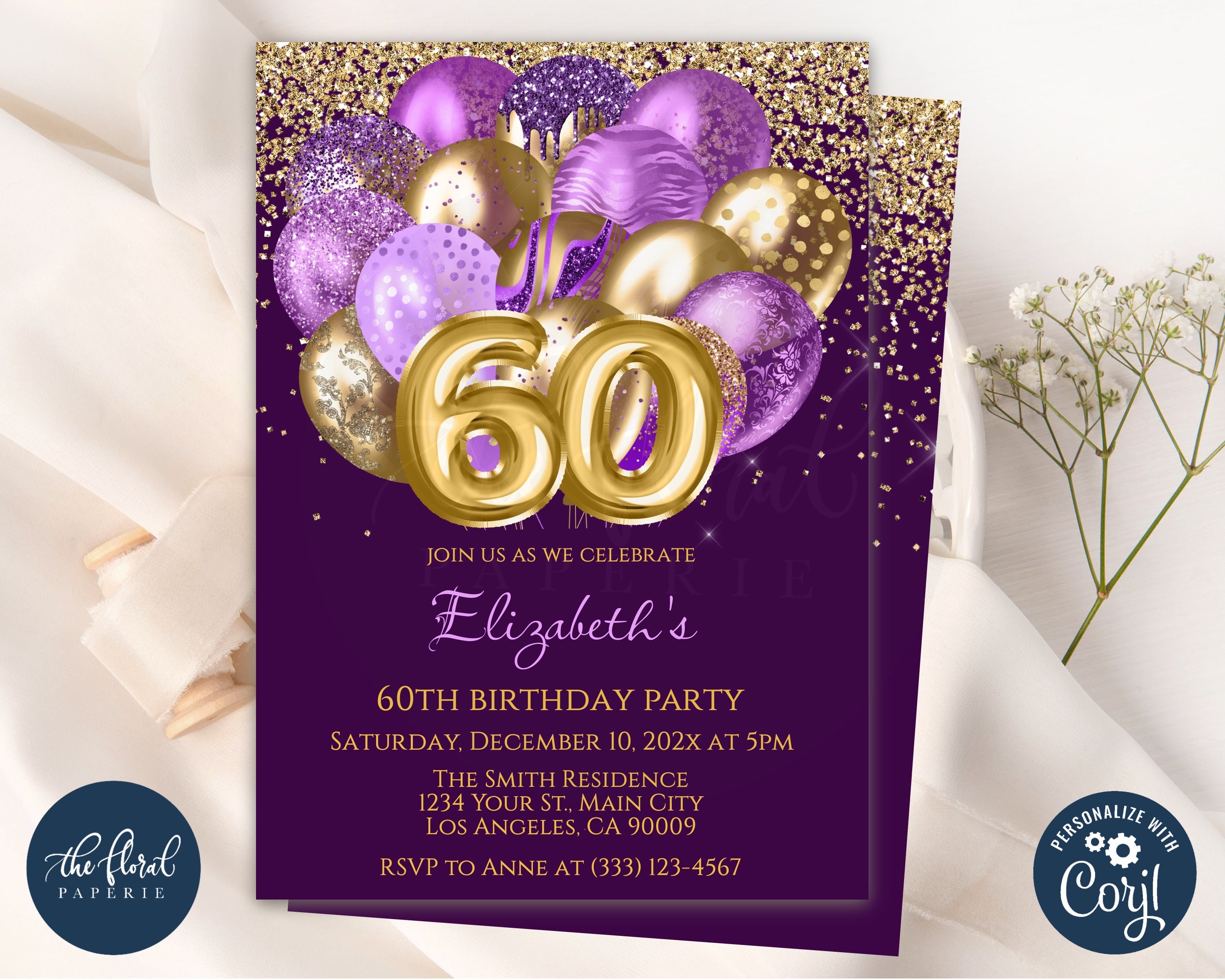 60th birthday invitation template, editable purple and gold birthday invite, balloon birthday party invites, adult party invite, 60 birthday