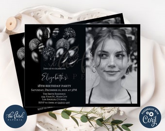 black birthday invitation template, editable all black party invitations, black balloons invitations, all black birthday, all black affair