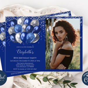 blue and silver birthday invitation template, editable birthday invitations with picture, balloons birthday party invites, photo invitations