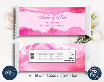 shades of pink chocolate wrapper template, editable candy bar wrapper, printable chocolate bar wrapper, chocolate bar birthday favors TFP39