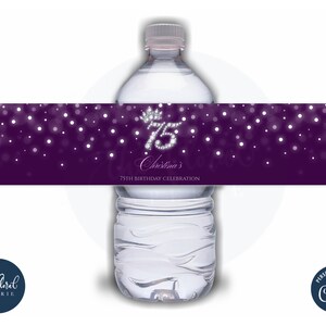 modèle d&#39;étiquette de bouteille d&#39;eau violet et argent, autocollants modifiables pour bouteille d&#39;eau, cadeaux du 75e anniversaire, étiquette de bouteille, emballage de bouteille d&#39;eau