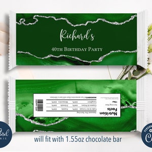 green and silver chocolate wrapper template, editable candy bar wrapper, printable chocolate wrapper, chocolate bars birthday favors tfp25