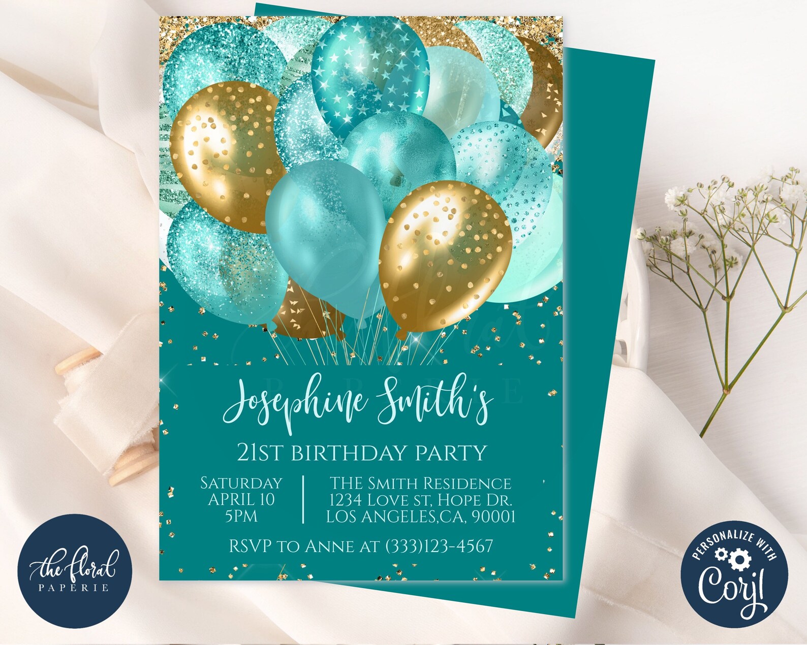 Teal And Gold Birthday Invitation Template Editable Birthday Etsy