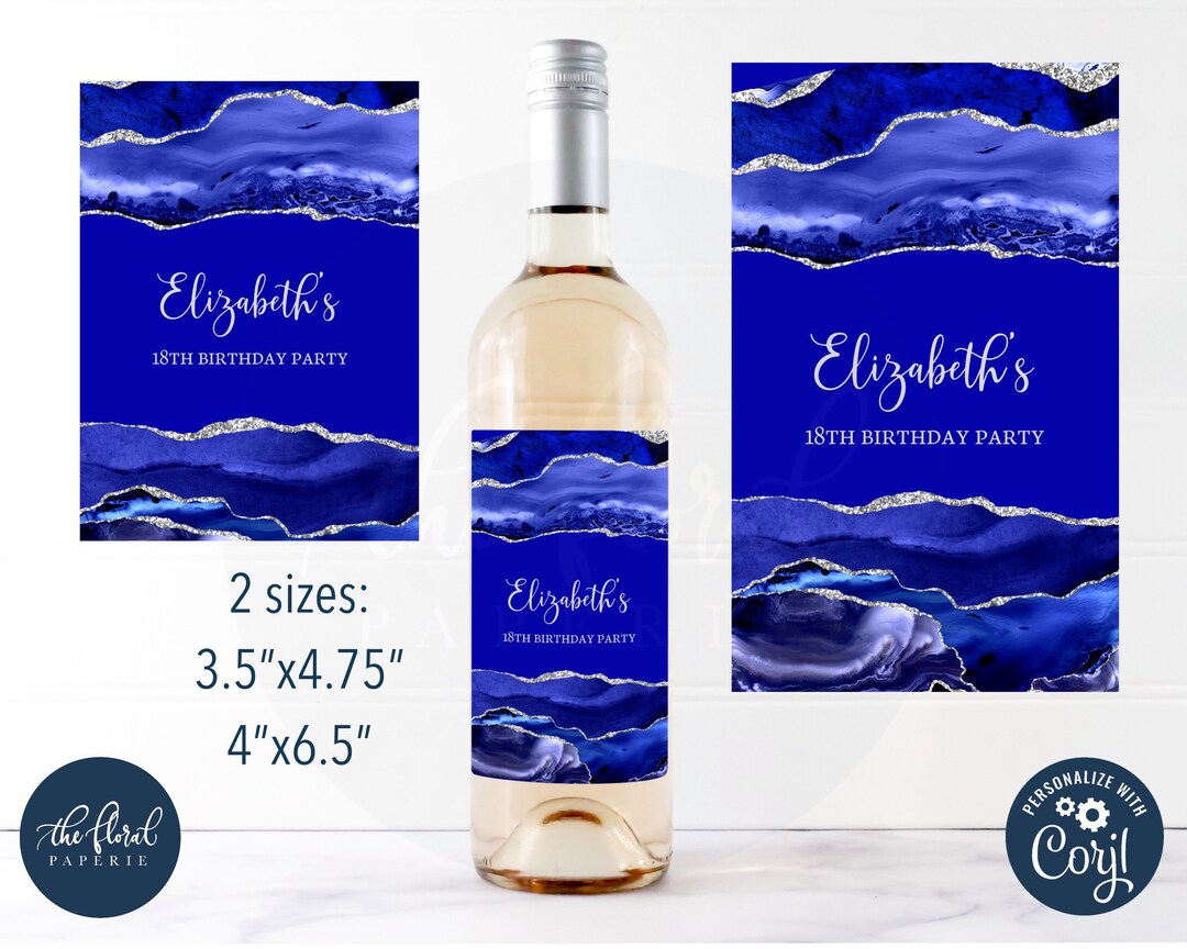 Royal Blue and Silver Wine Label Template, Editable Wine Bottle Label