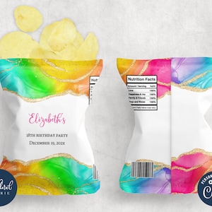 May include: A colorful chip bag with a rainbow and gold glitter design. The bag is personalized with the name "Elizabeth's" and the text "18th Birthday Party December 19, 202x".