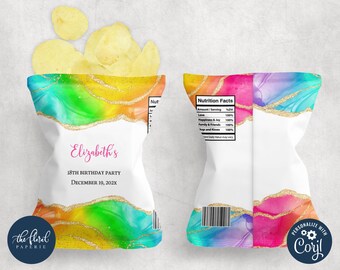 rainbow chip bag template, editable potato chip bag wrapper, printable rainbow agate potato chips party favor label, custom chip bag TFP36