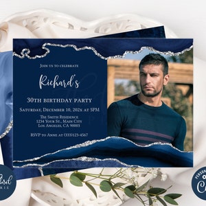 blue and silver birthday invitation template, editable any age birthday invitation, agate invitation, adult birthday, photo invitation tfp22
