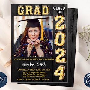 graduation party invitation template, editable black and gold graduation party invites, class of 2024, graduation invite, marquee invitation