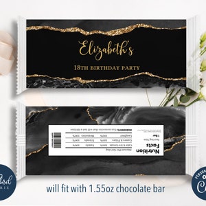 black and gold chocolate wrapper template, editable candy bar wrapper, printable chocolate bar wrapper, chocolate bars birthday favors TFP01