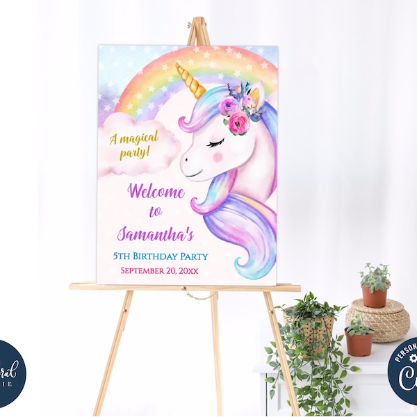 unicorn birthday Welcome Sign template, editable unicorn welcome poster, girl birthday party, unicorn party decor, reception sign