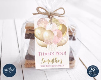 blush and gold favor tag template, editable balloons thank you tags, printable treat bag labels, personalized gift tags, birthday favor tags