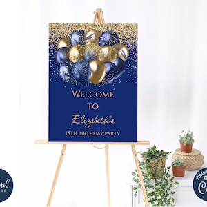 blue and gold birthday Welcome Sign template, printable birthday welcome sign poster, adult birthday, balloons poster party decor,