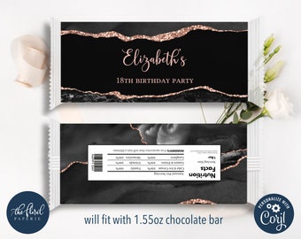 Mall för chokladomslag i svart och roséguld, redigerbart omslag för godisbitar, utskrivbart omslag för chokladbitar, födelsedagspresenter till chokladbitar