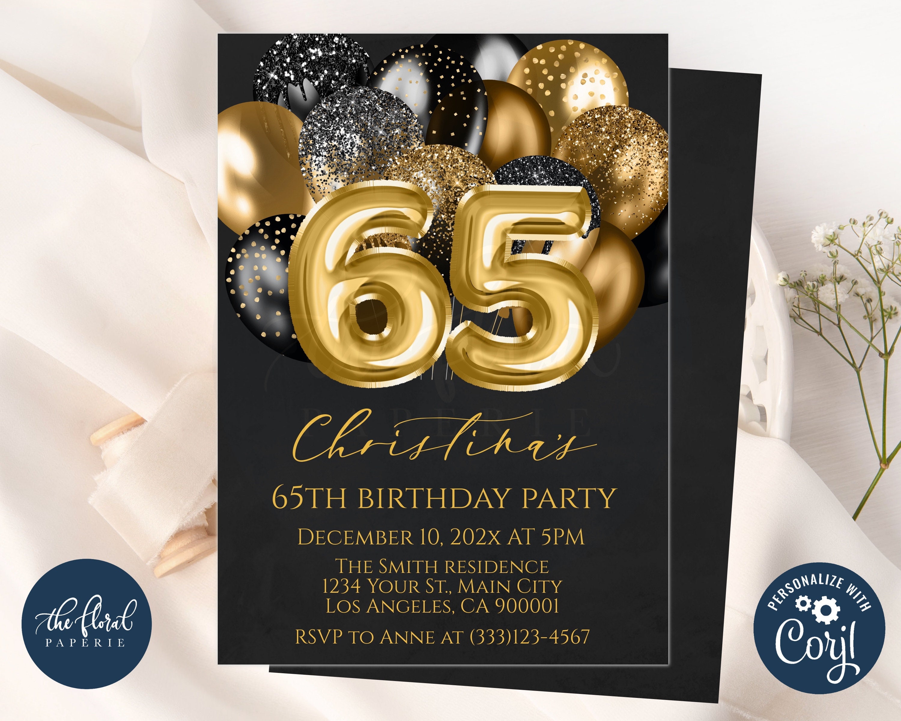 65th Birthday Invitation Template Editable Black And Gold Etsy Australia