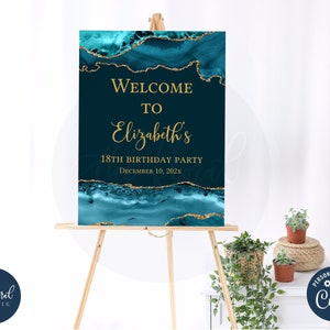 teal and gold birthday Welcome Sign template, printable birthday welcome sign poster, adult birthday, teal and gold party decor TFP35