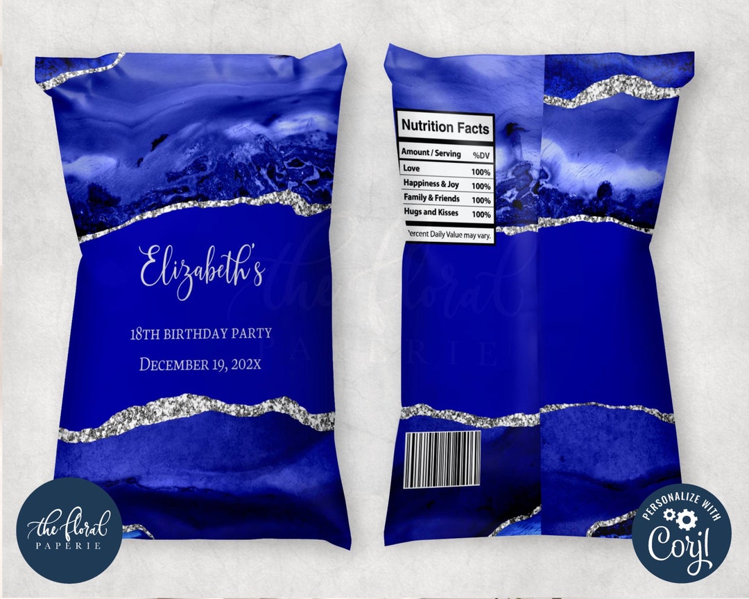 Royal Blue and Silver Chip Bag Template, Blue Potato Chip Bag Wrapper