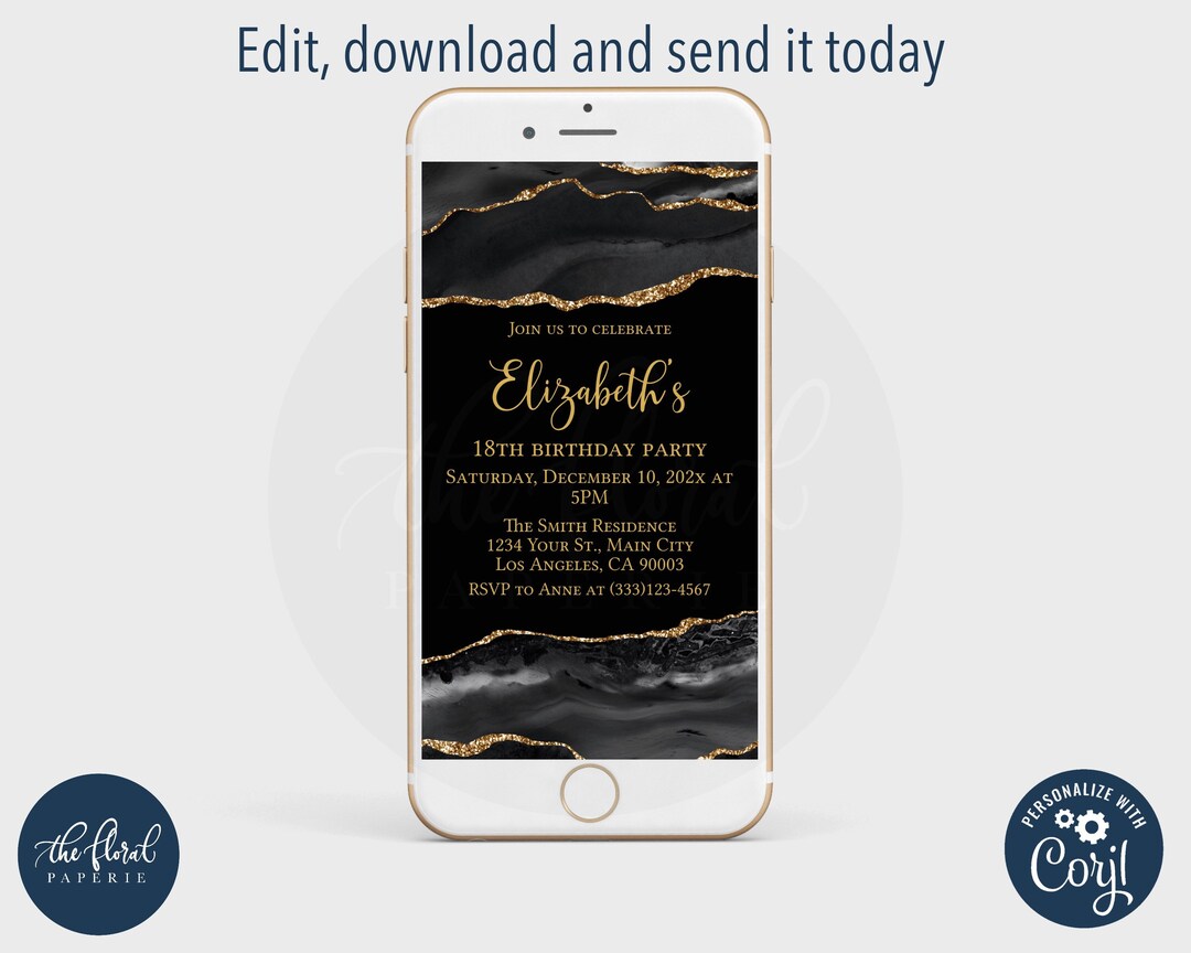 Black and Gold Birthday Text Invitation Template, Editable Birthday ...