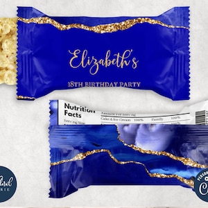 royal blue and gold rice krispies wrapper template, editable rice crispy wrapper, printable rice krispies treat labels, birthday favor TFP50