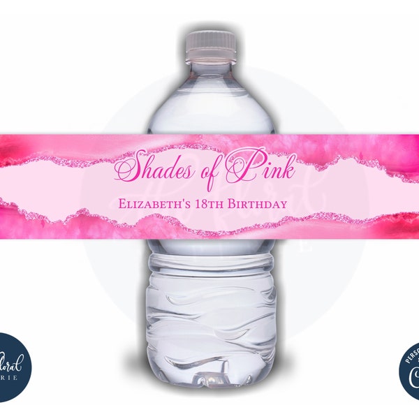 shades of pink water bottle label template, editable agate water bottle stickers, birthday favors, bottle label, water bottle wrapper TFP39