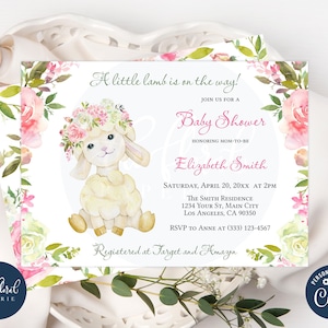 Lamb Baby Shower Invitation Template, Floral Girl Invite (Digital Download)