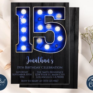 15th birthday invitation template, editable 15th birthday blue and black birthday invite, marquee birthday party invites, boy birthday party