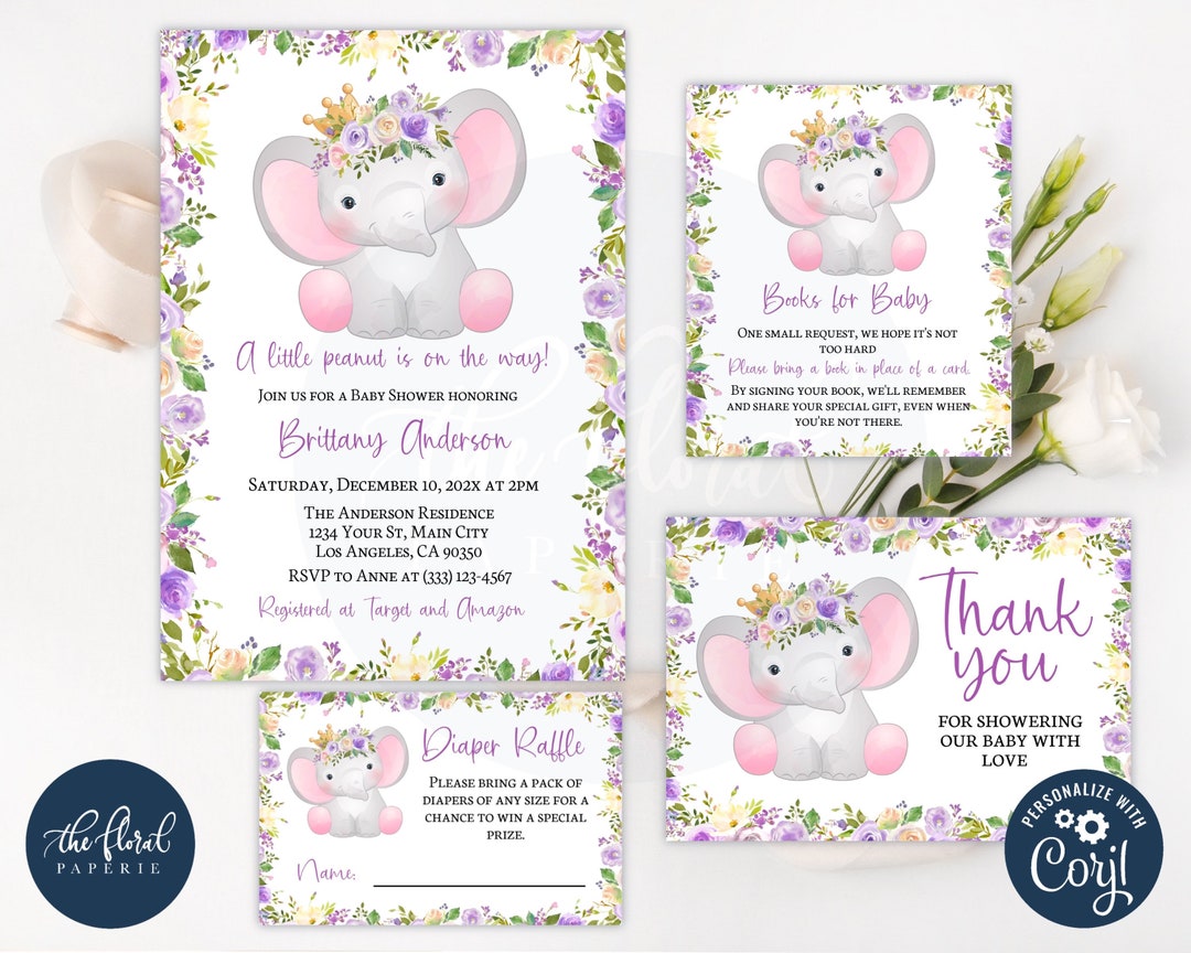 Elephant Baby Shower Invitation Template, Purple Elephant Baby Shower