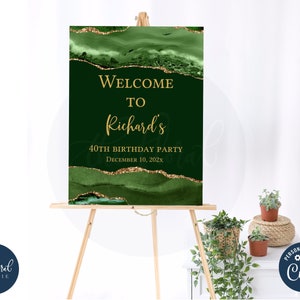green and gold birthday Welcome Sign template, printable birthday welcome sign poster, adult birthday,  party decor, reception sign tfp24