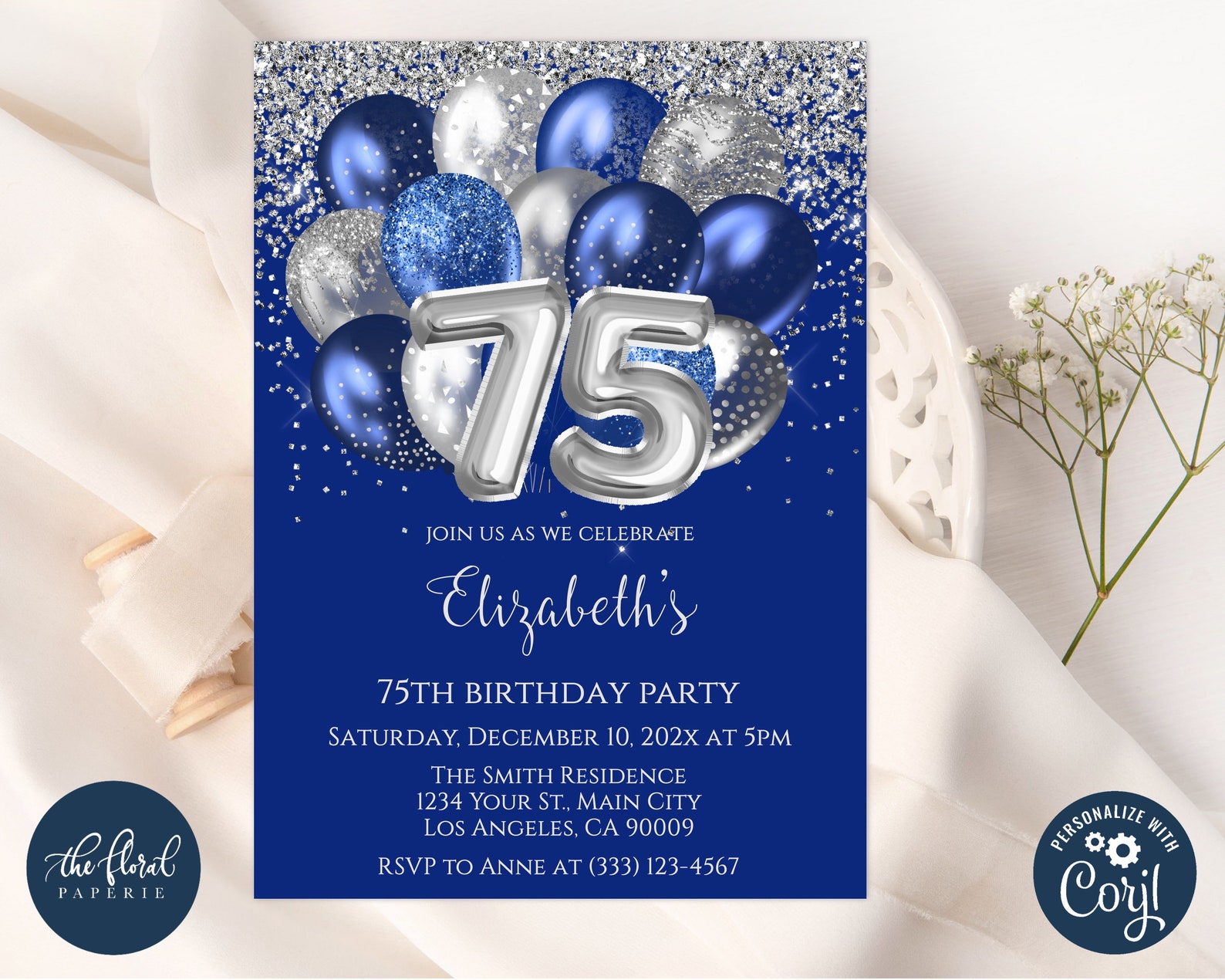 75th Birthday Invitation Template Navy Blue and Silver Birthday 75th Birthday Invitation Template Navy Blue and Silver Birthday