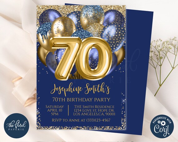 70th Birthday Invitation Template Navy Blue and Gold Etsy 70th Birthday Invitation Template Navy Blue and Gold Etsy