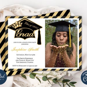 graduation party invitation template, editable black and gold graduation party invites, class of 2025, graduation invitation with photo