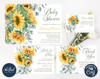 Modello di invito per baby shower a tema girasole, set di inviti per feste a tema autunnale (download digitale)