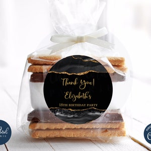 modelo de etiquetas de lembrancinhas de aniversário pretas e douradas, etiquetas de presente de aniversário editáveis, etiquetas de aniversário para impressão, etiquetas de agradecimento, etiquetas personalizadas TFP01