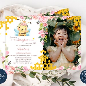 bee birthday invitation template, editable bee birthday invites, girl birthday party, kids birthday invitation, bee birthday photo invites