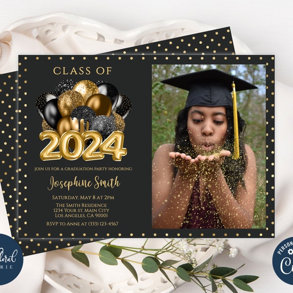 graduation party invitation template, editable black and gold graduation party invites, class of 2024 graduation invitation with photo